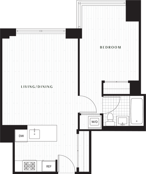 Floor plan for 1 bed, 1 bath, 663 sqft